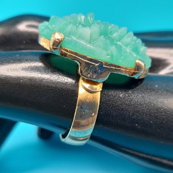 Vintage Faux Jade Flower Carved Ring Adjustable, US Size 8, Gold Tone - Picture 3 of 14